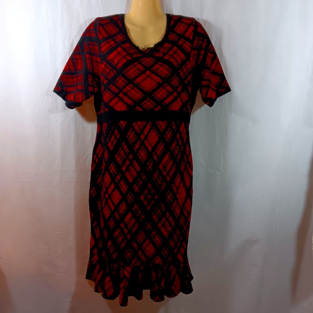 Nina Leonard Womens XL Dress Sweater Knit Plaid Flounce Hem